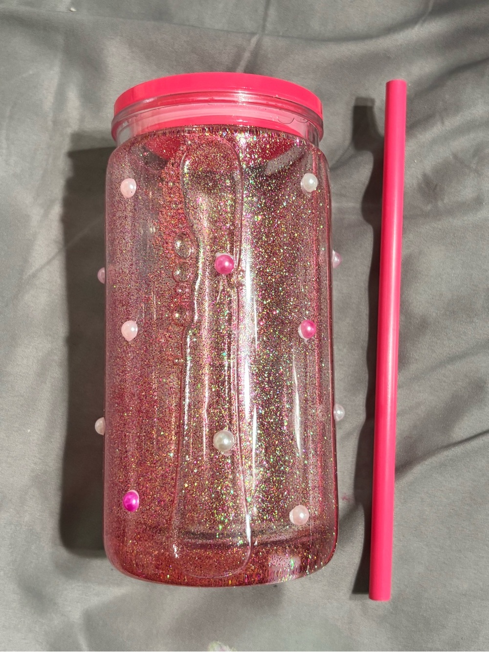 Pink Glitter snow globe tumbler drink jar - homemade (comes with straw)